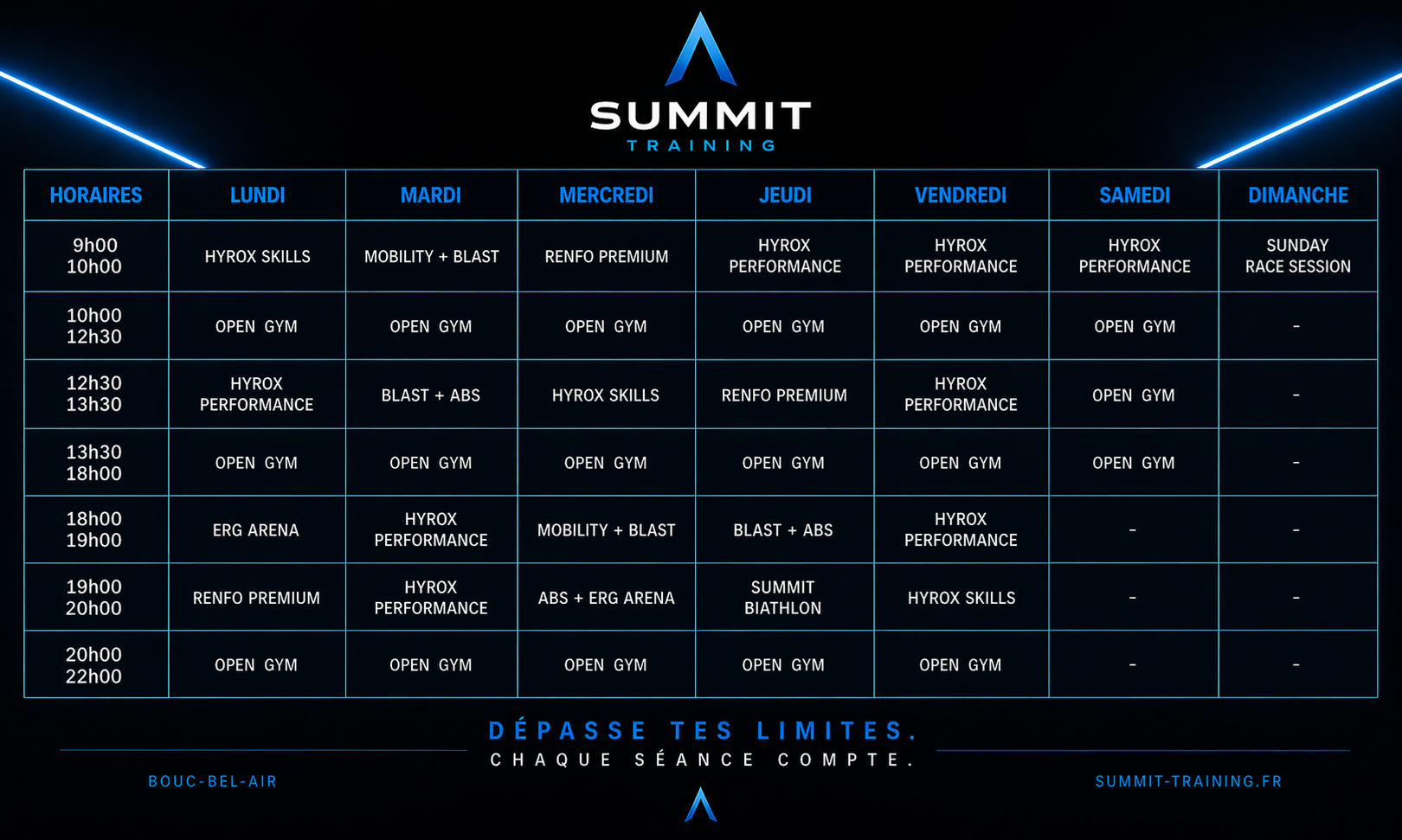 Planning hebdomadaire Summit Training — créneaux du lundi au dimanche